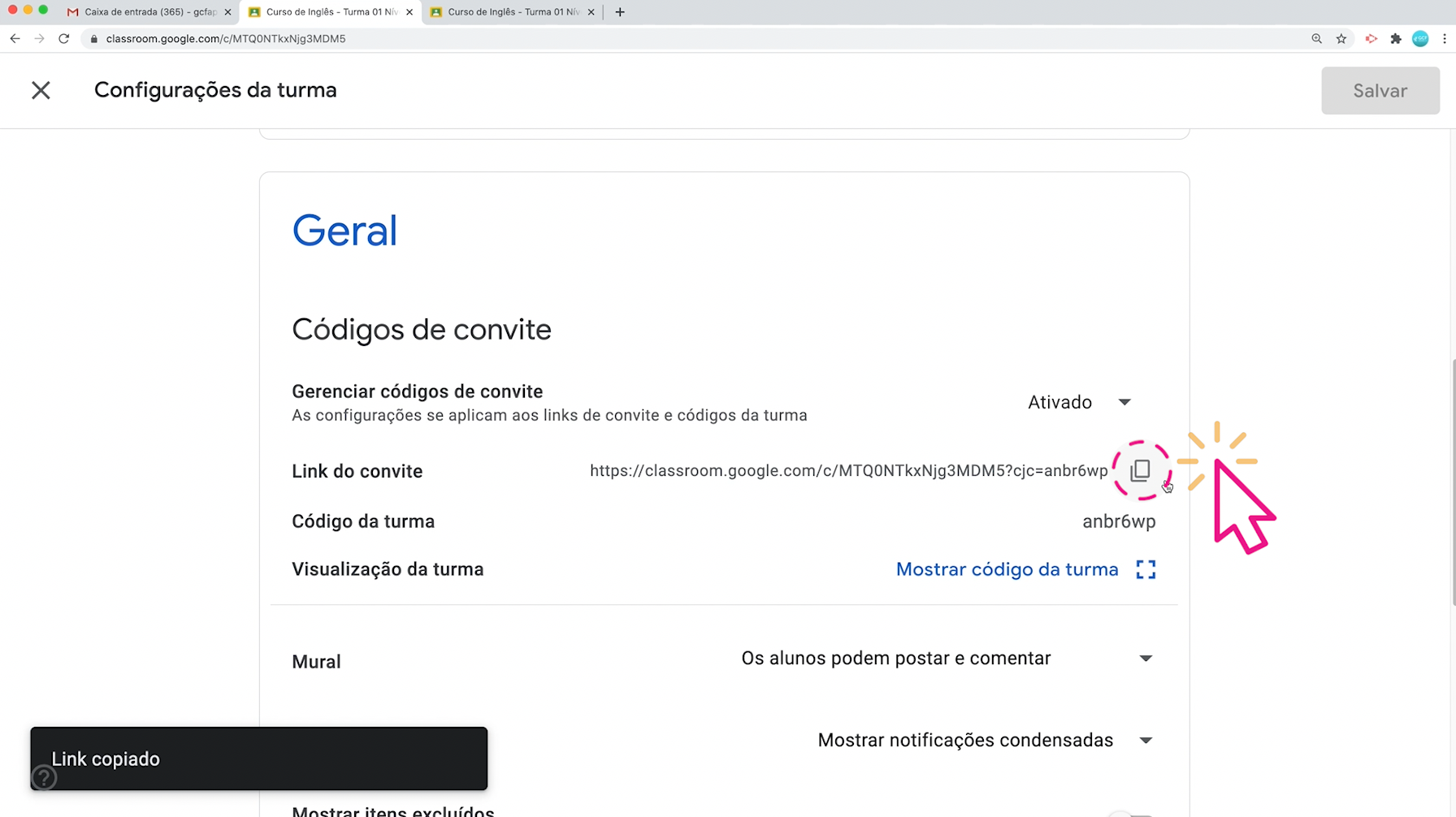 como copiar o código do convite do Google Sala de Aula1